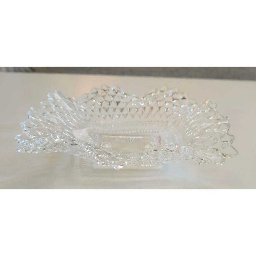 Vtg Clear Glass Imperial Diamond Point Ruffled Edge Candy Dish 7